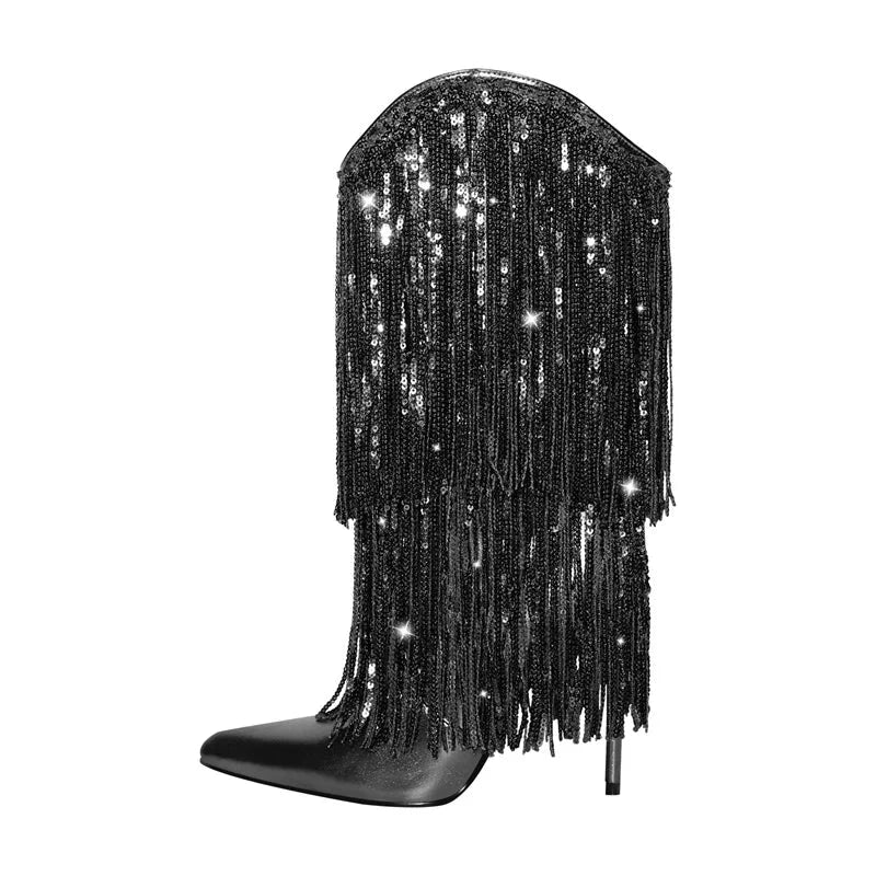 Pointed Toe Sequin Fringe Thin High Heel Mid Boots