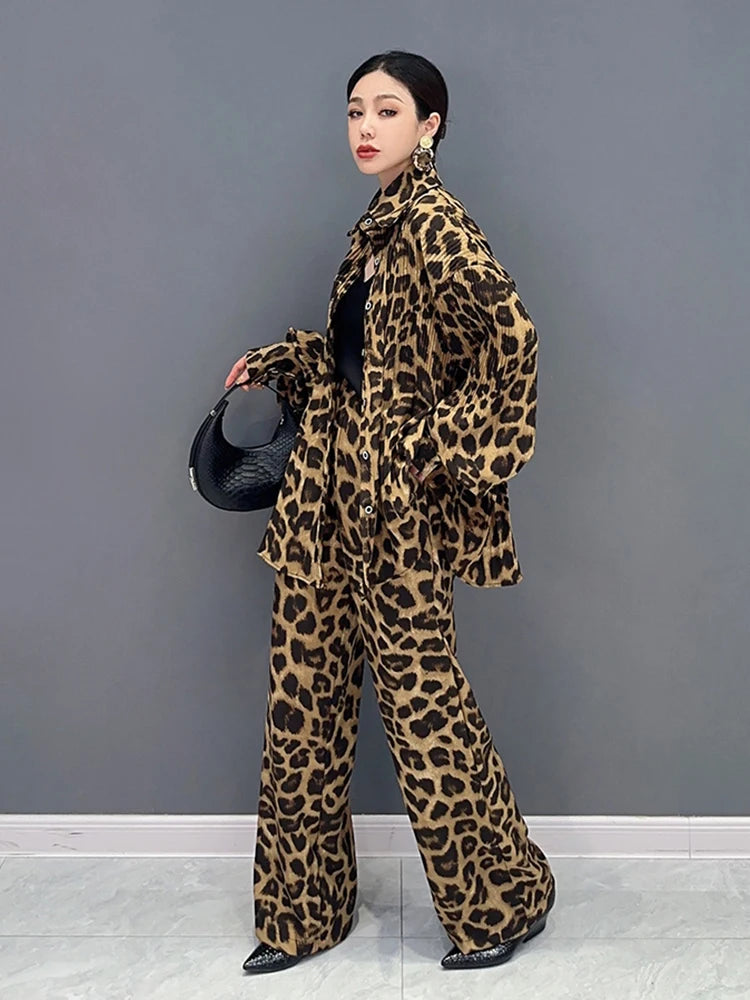 Leopard Print Lapel Single Breasted Shirt Casual Straight Trousers Set