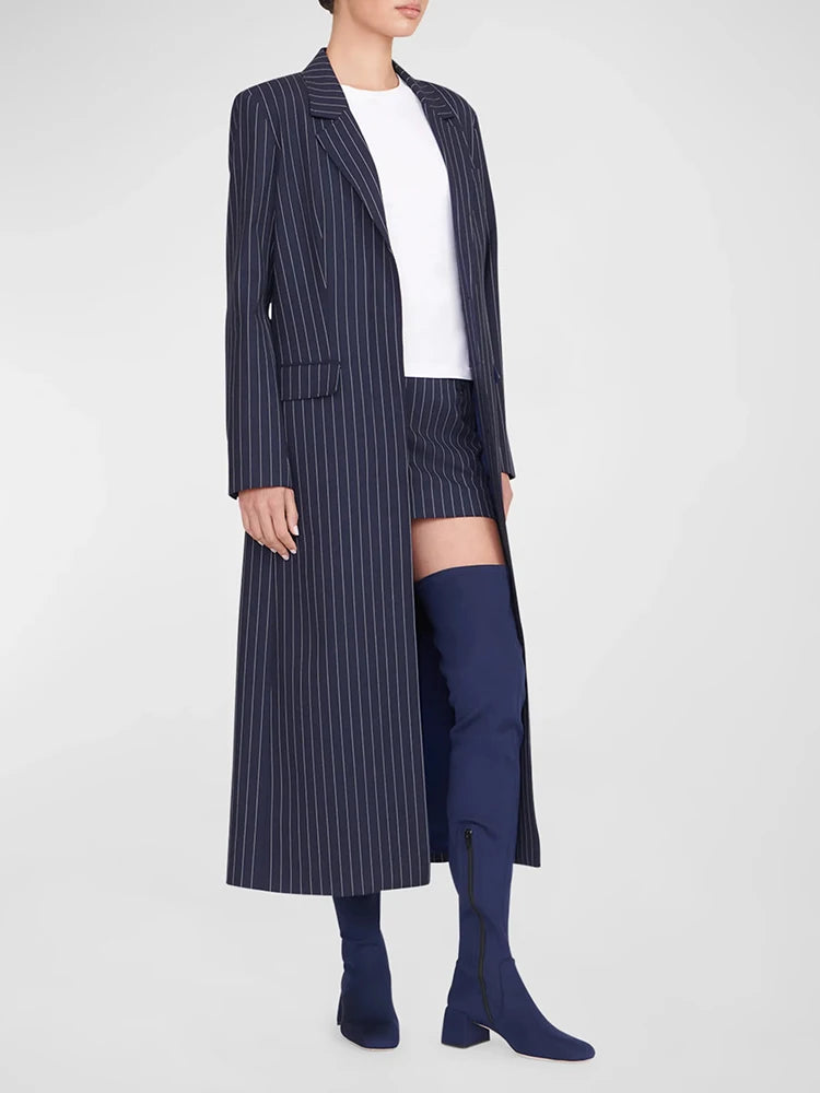 Stripe Notched Collar Long Sleeves Single Breasted Pockets Slim Long Coat