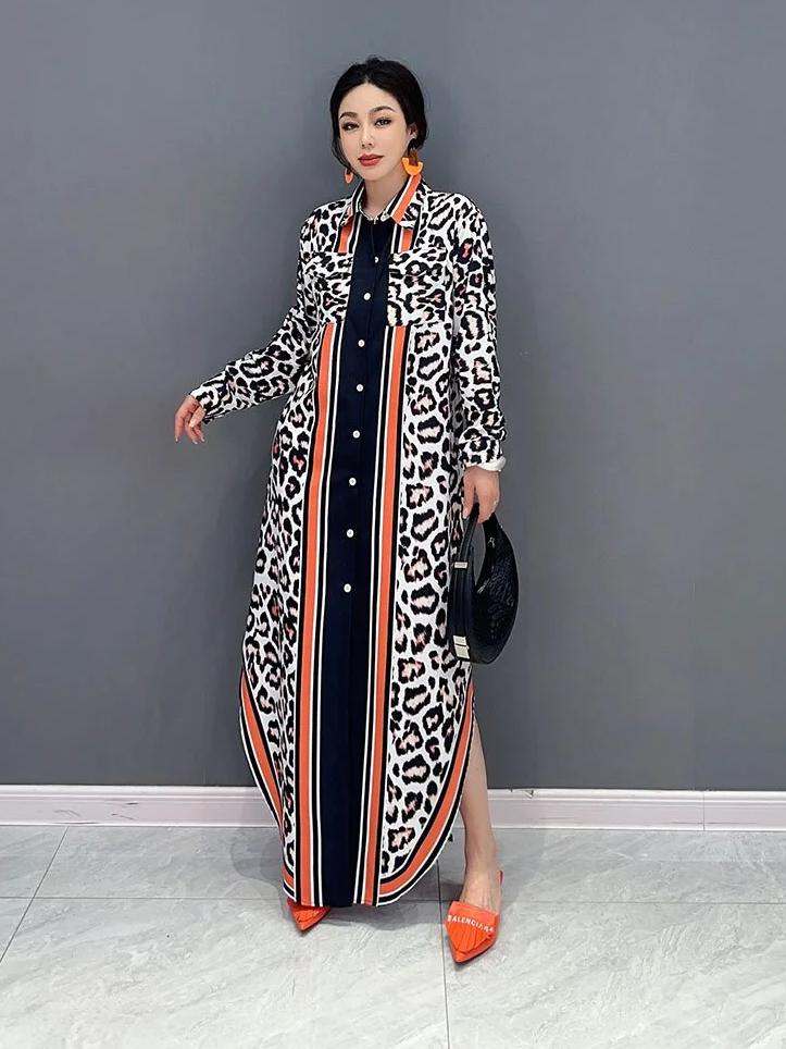 Casual Polo Collar Coloured Leopard Print Maxi Dress