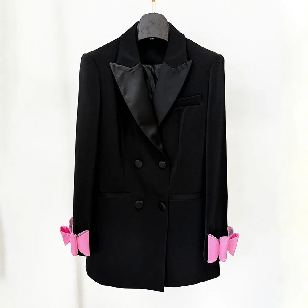 Spliced Bowknot Notched Collar Long Sleeve Patchwork Button Blazer