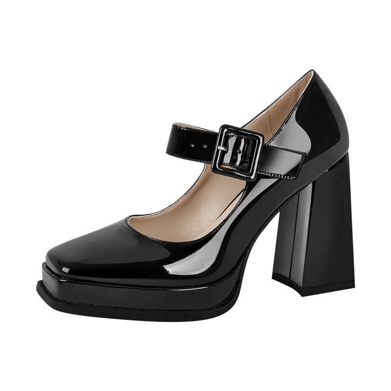 Patent Leather Square Toe Buckle Strap Chunky Heel Pumps Shoes