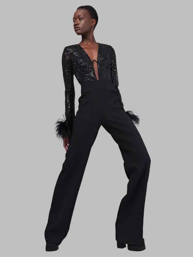 Feather Patchwork Long Sleeves V Neck Sequin Jumpsuit