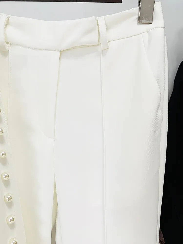 Pearl Decoration Single Button Blazer Strait Trouser Set
