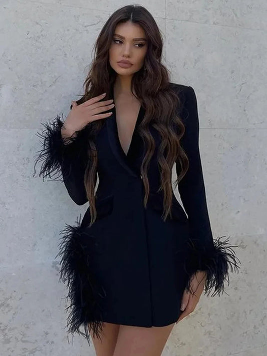 V Neck Long Sleeve Feather Blazer Bandage Mini Dress