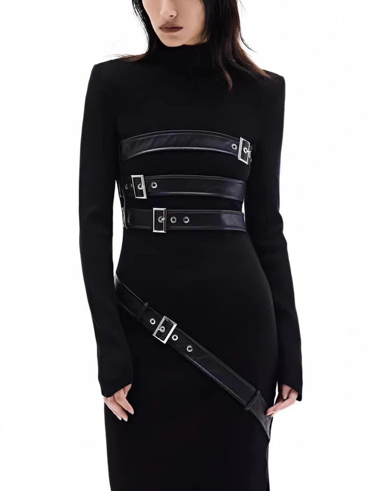 Spliced Belt Split Stand Collar Long Sleeve High Waist A Line maxi Dress