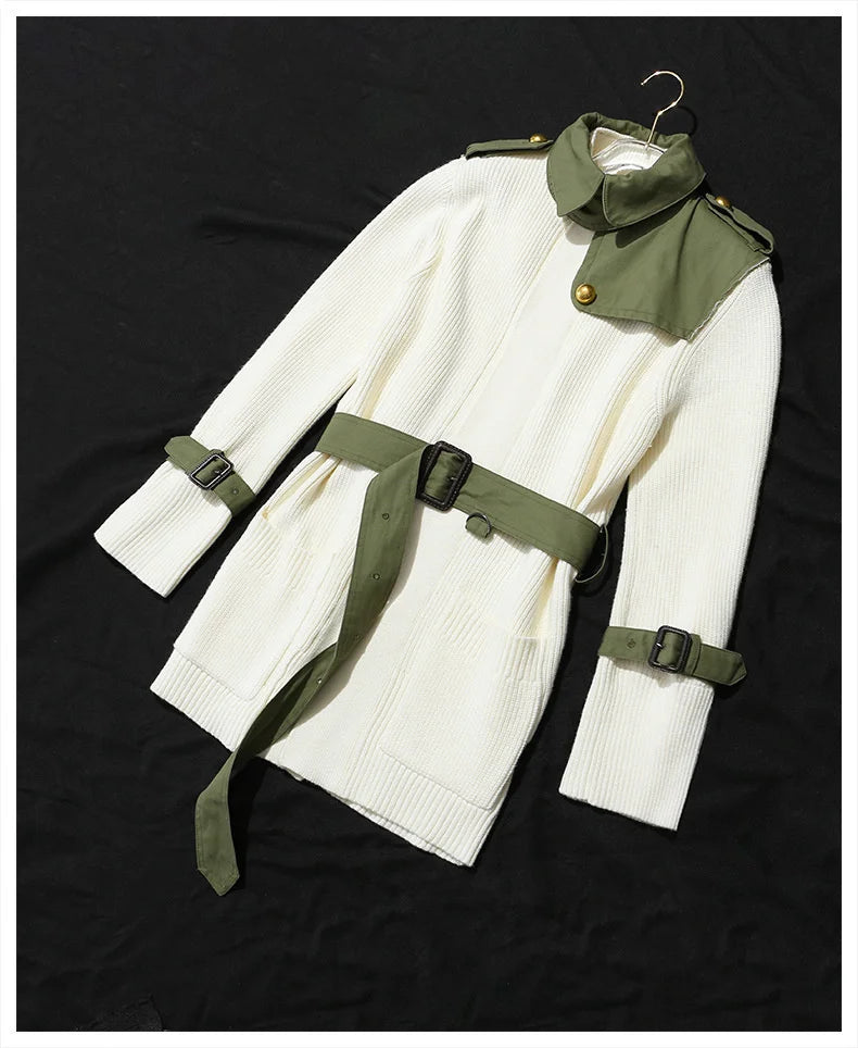 Lower Waist Belt Contrast Colour Irregular Elastic Knitted Coat