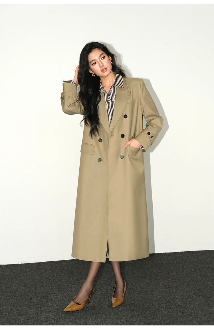 Notched Collar Loose Long Sleeves Double Breasted Tide Trench Coat