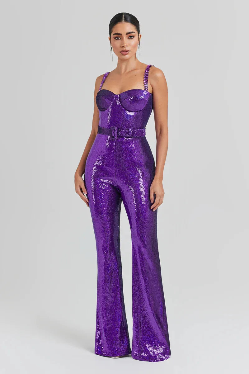 Sleeveless Sequins Spaghetti Strap Belted Wide Legs Jumpsuits