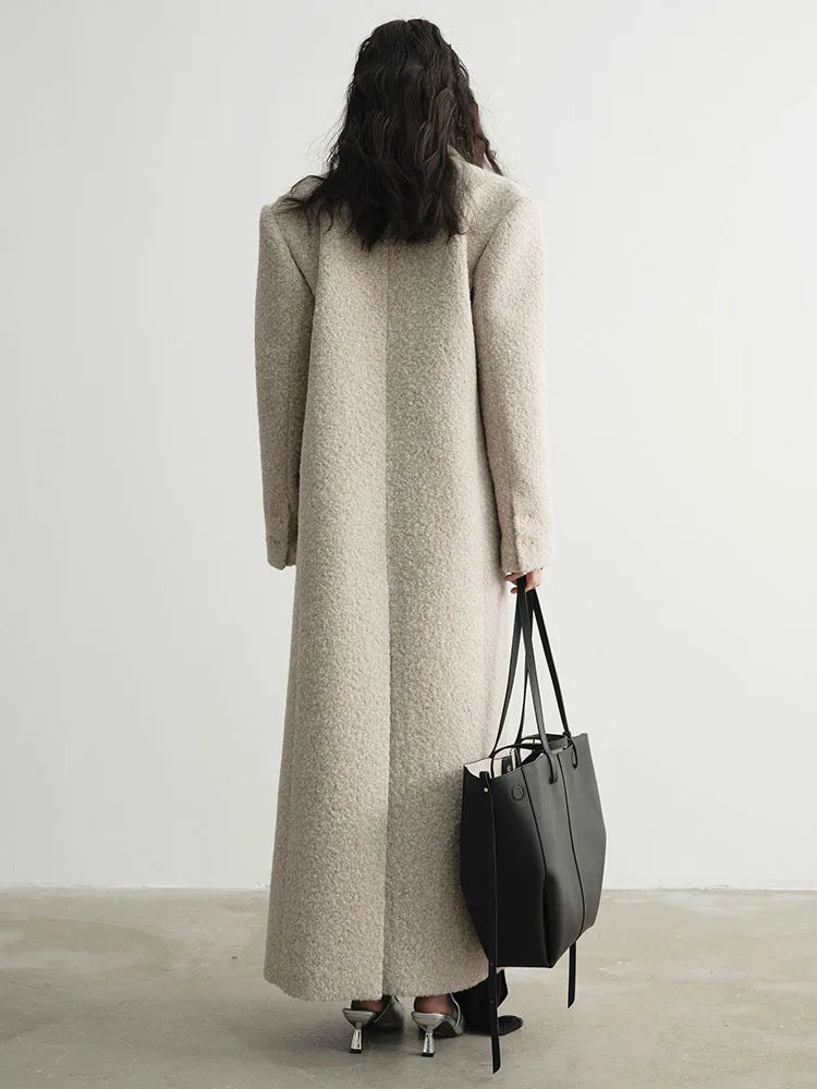 Turn-down Collar Lapel Long Sleeve Woollen Maxi Coat