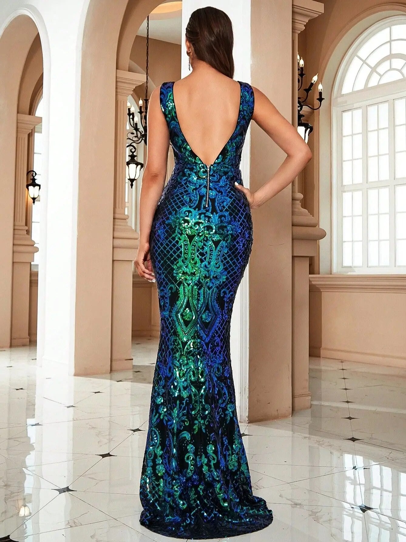 V-neck Sleeveless Slim Fit Sequin Mermaid Gala Maxi Dress