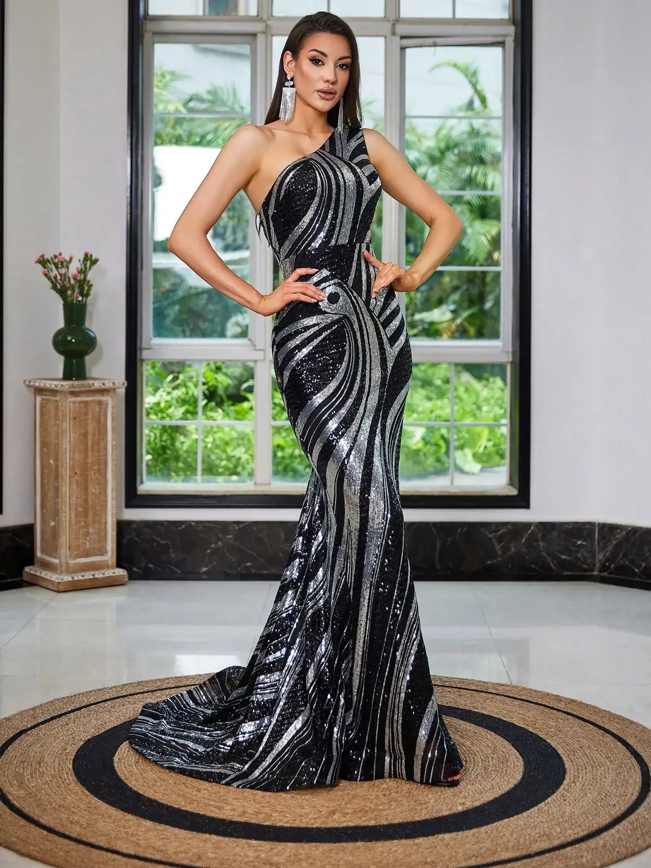 asymmetrical Neck One Shoulder Sequin Mermaid Trail Maxi Dress