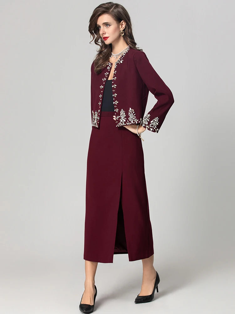 O-Neck Long Sleeves Diamonds Jacket Split Long Pencil Mid Skirt Set