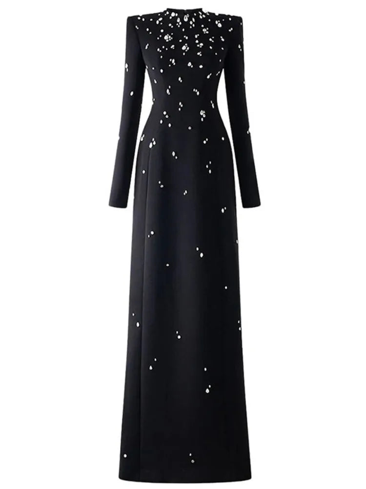 Beading Diamond Slim O-neck Zipper Loose Long Sleeves Maxi Dress