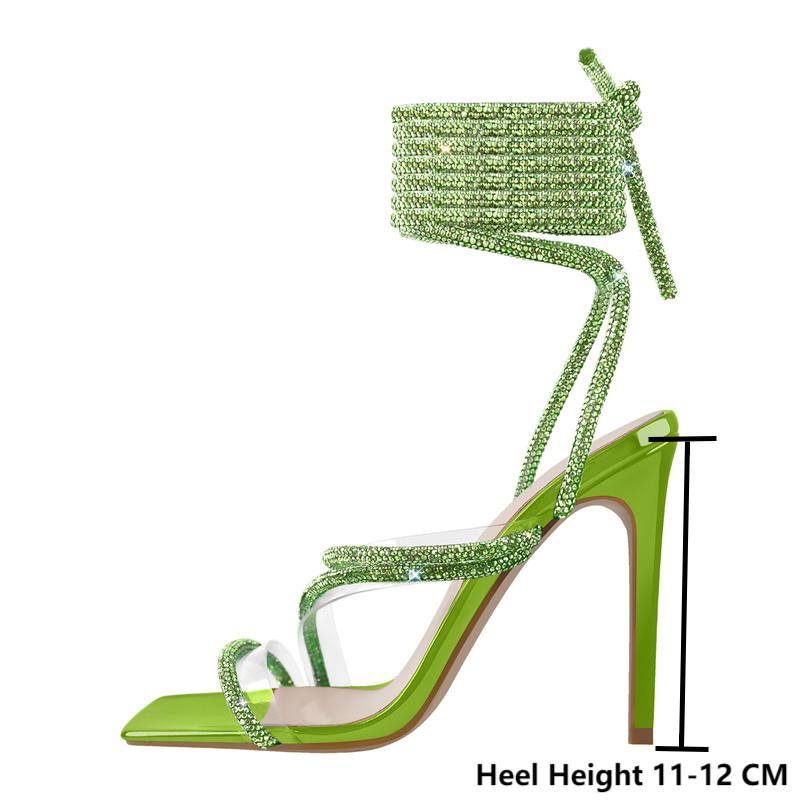 Rhinestone Crystal Lace-Up Square Toe Cross Strap High Heel Sandals