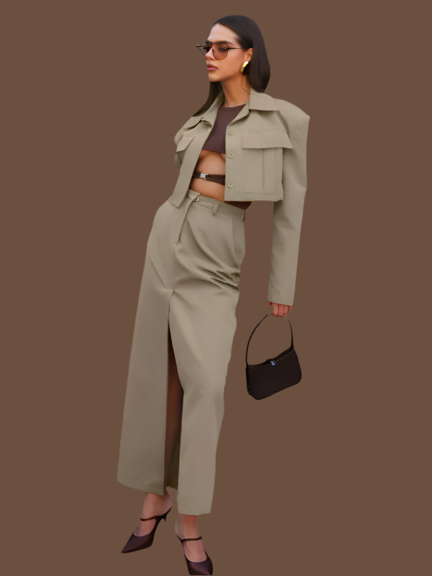 Long Sleeve Crop Jacket With High Waist Slit Maxi Skirt Set