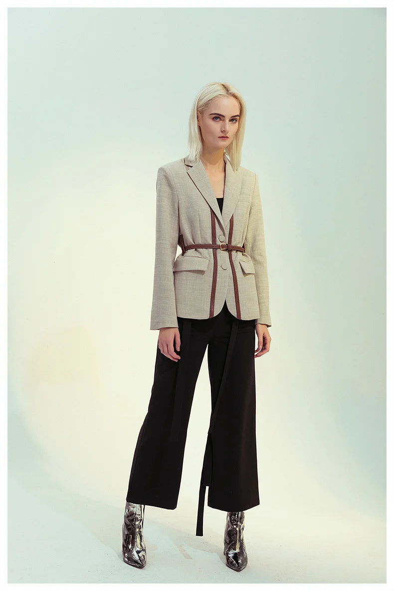 Notched Collar Spliced Contrasting Colours PU Leather Belt Blazer