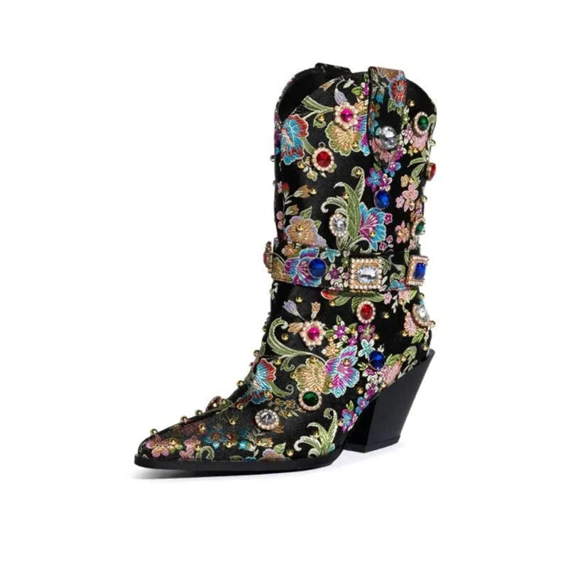 Flower Embroider Diamond Pointed Toe High Heel Ankle Boots