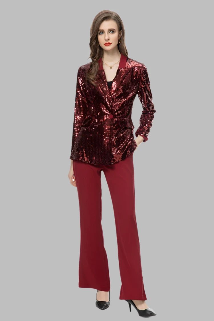 Vintage Lapel Caller Sequins Pockets Blazer Flare Trousers Set