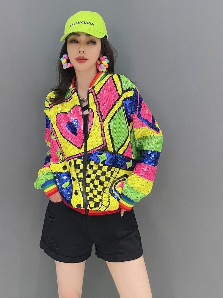Colourful Shiny Sequin Pattern Print Loose Front Zipper Jacket