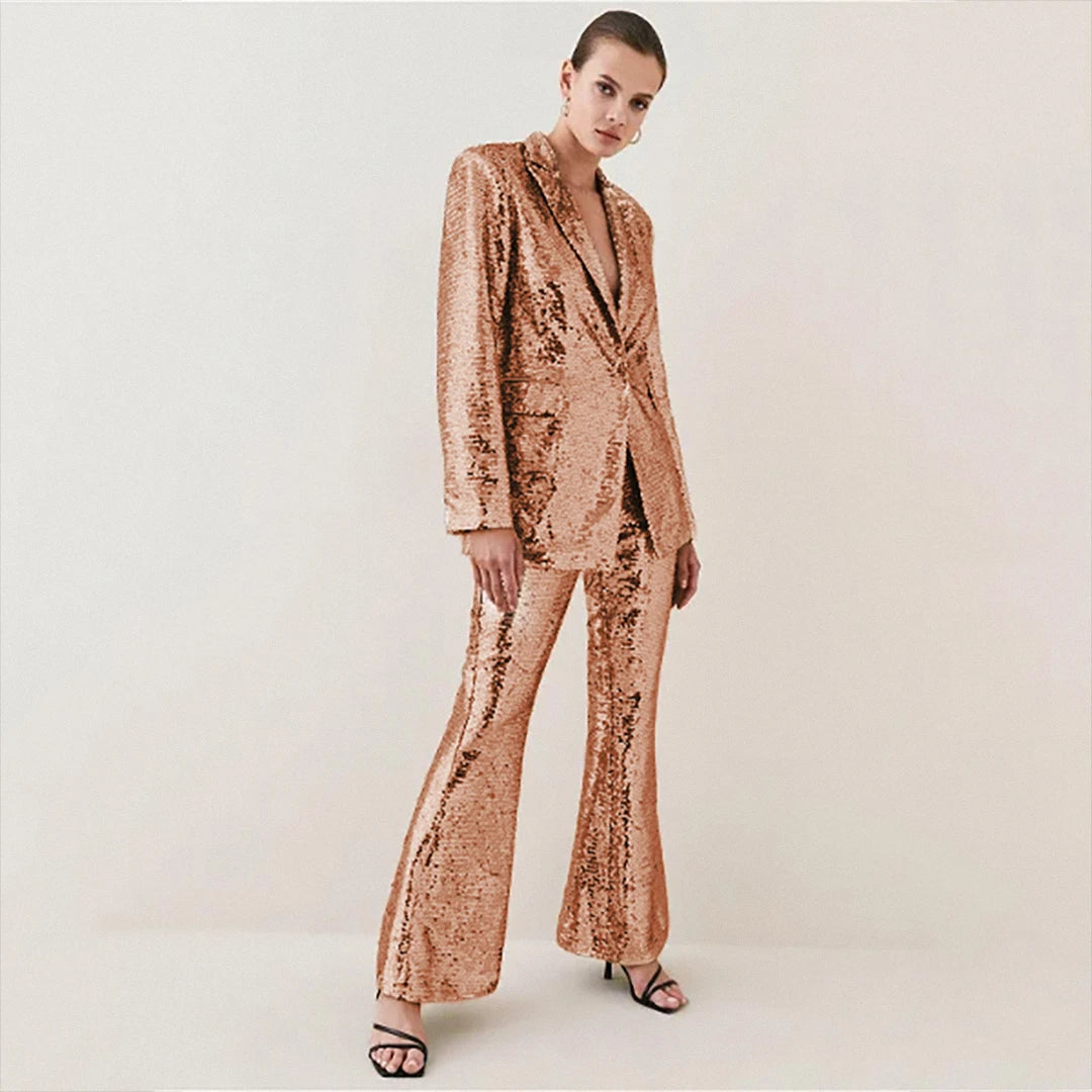 Turn-down Collar Single Button Blazer High Waist Flare Trouser Sequin Set