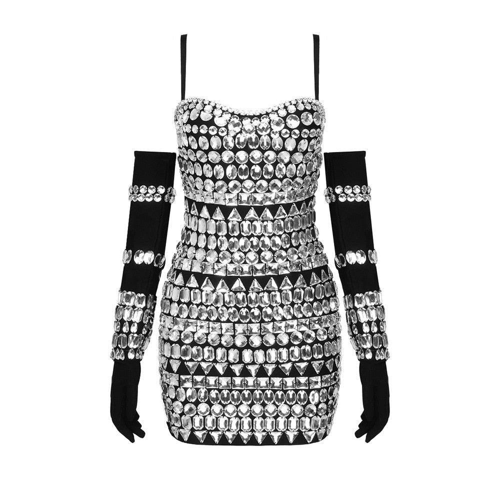 Diamond Decor Long Sleeve Gloves Bandage Mini Dress