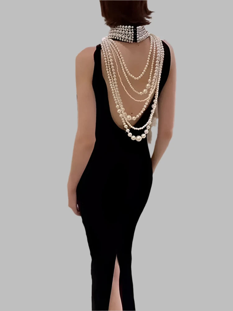 Turtleneck Pearl Chain Decor Backless Sleeveless Velvet Maxi Dress