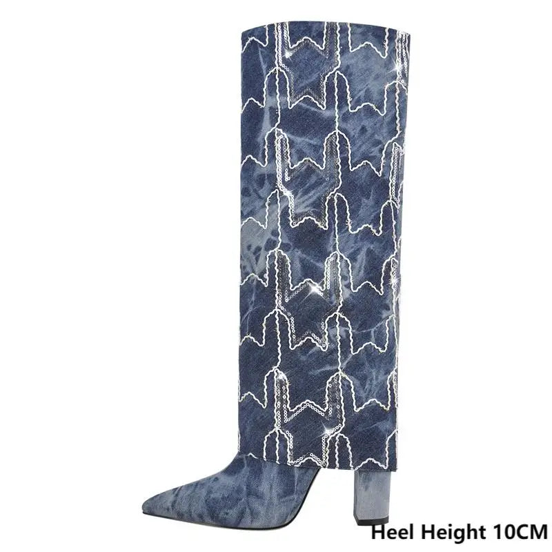 Denim Fold-Down Star Embroidered Slip On Chunky High Heels Knee High Boots