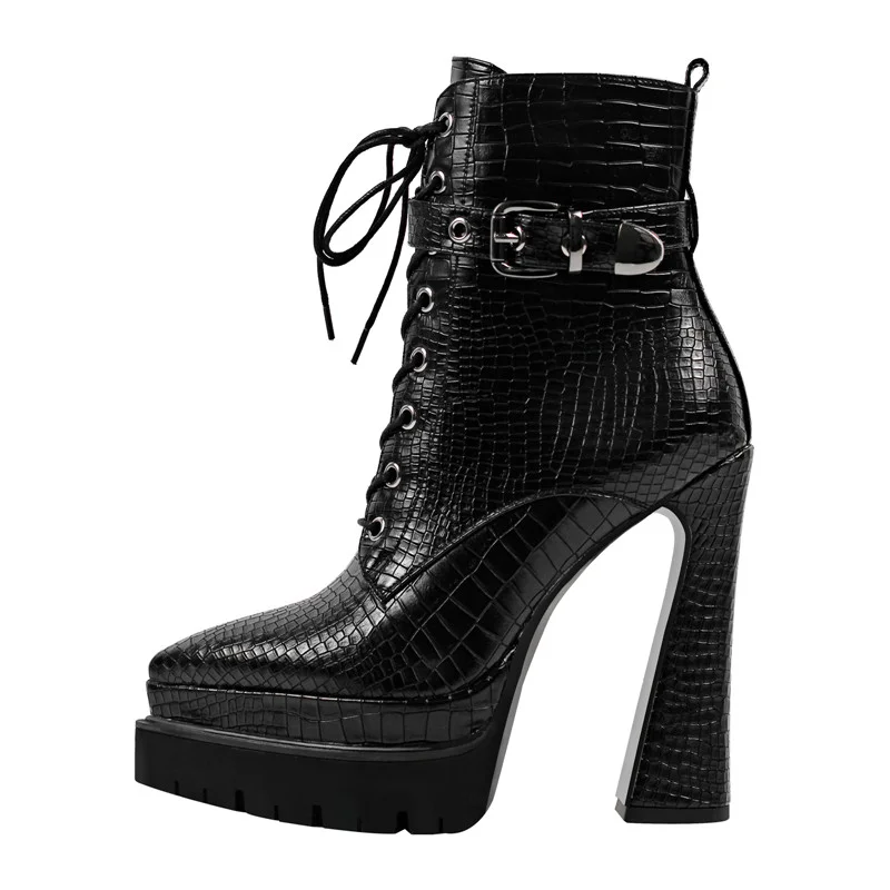 PU Leather Double Platform Side Zipper Lace up Ankle Boots