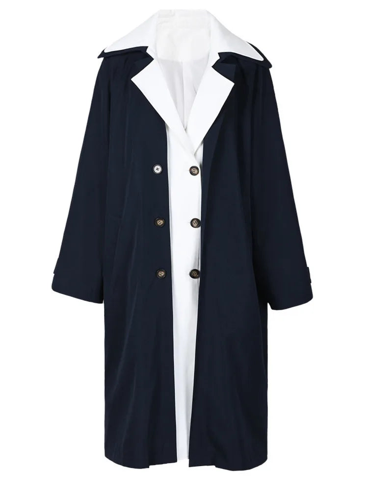 Lapel Loose Contrast Colour Patchwork Sashes Long Sleeve Trench Coat