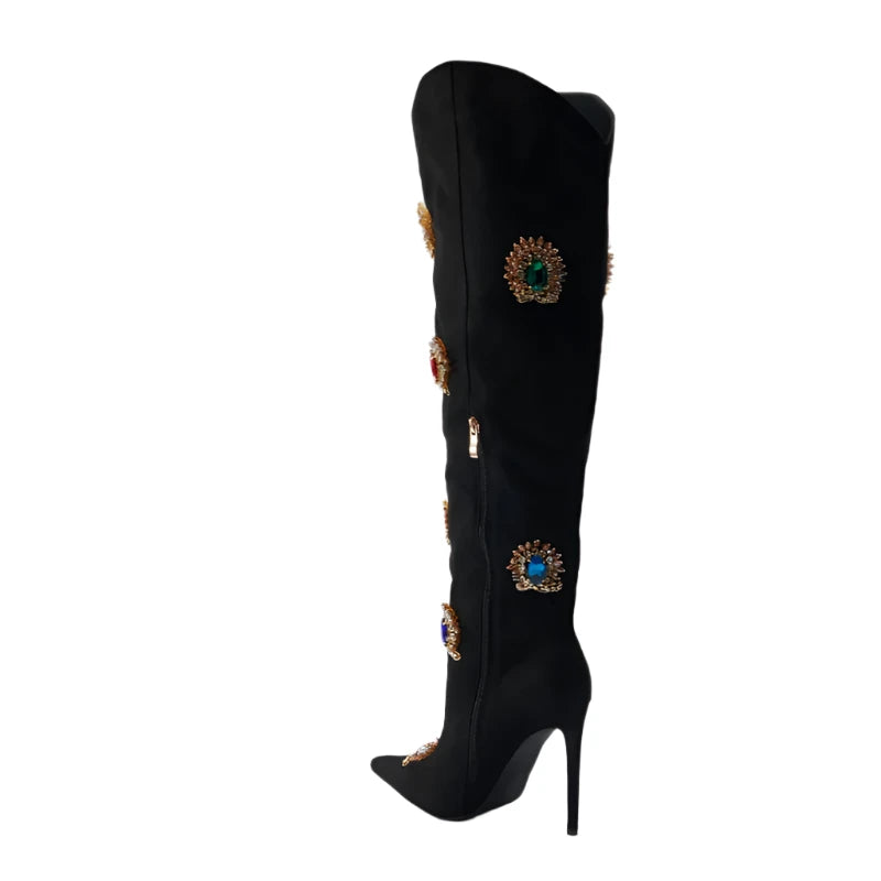 Rhinestone Flock Bead Pointed Toe High Heels Slip On Knee High Boots