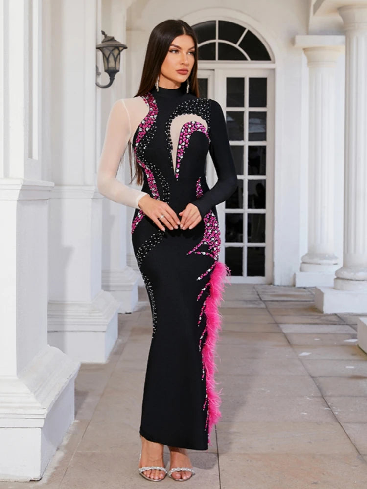 Long Sleeves Mesh Patchwork Sparkling Diamonds Bandage Maxi Dress