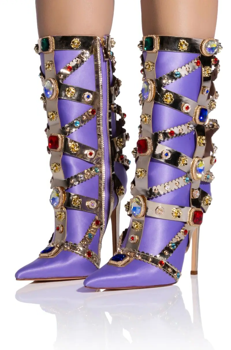 Colourful Bling Crystal Gem Pointed Toe Knee High Boots