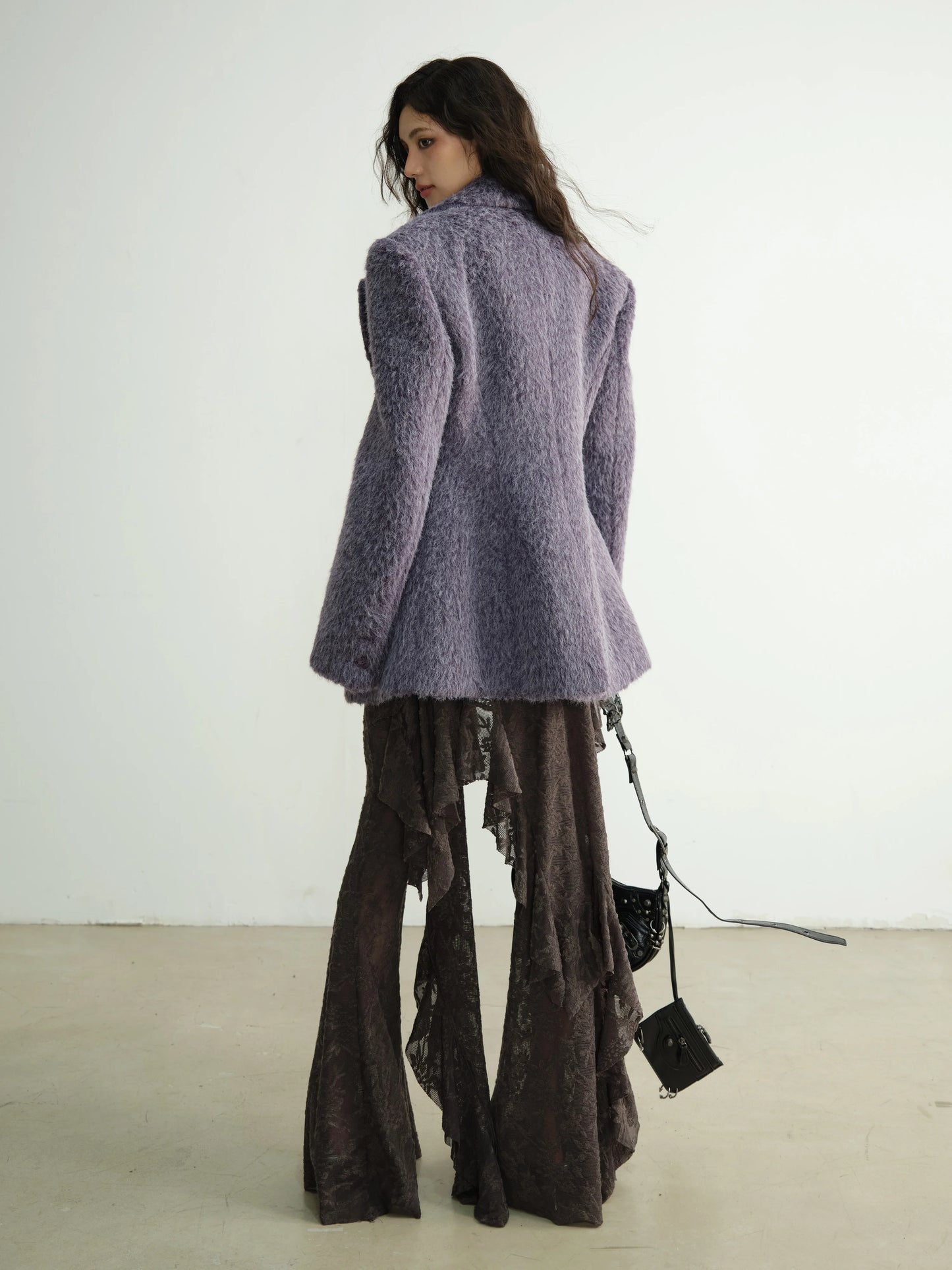 Spliced Pockets Lapel Long Sleeve High Waist Woollen Coat