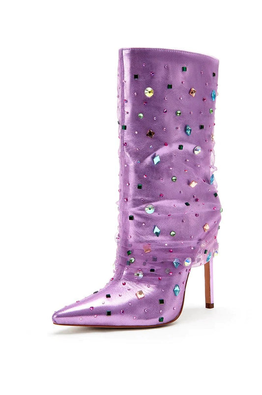 Diamonds Crystal Mesh Pointed Toe High Heels Mid calf Boots
