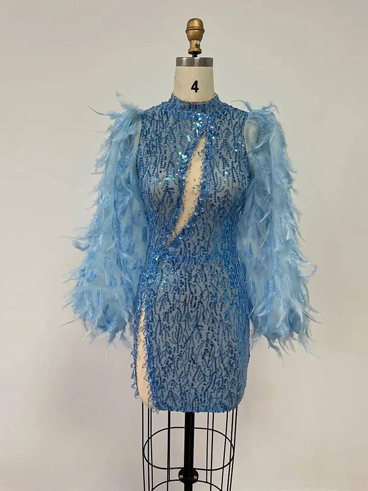 Feather Sequins Water Diamond Beaded Mini Dress