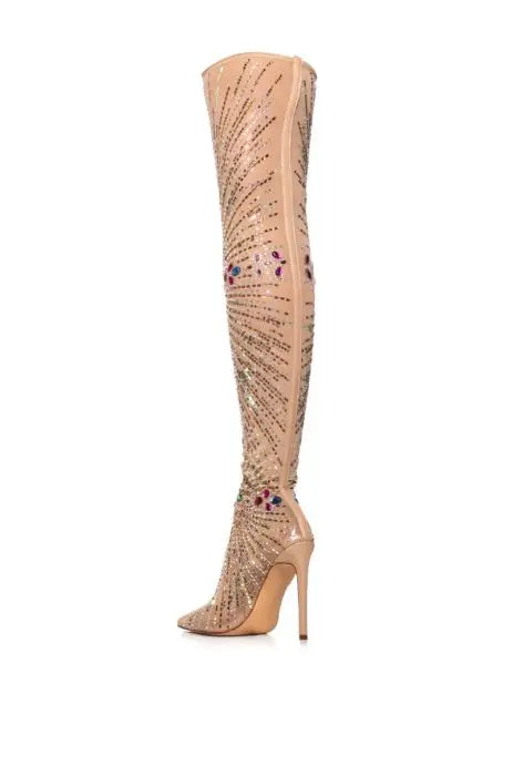 Crystal Diamond Patchwork High Heels Thigh Sock Over The Knee Boots