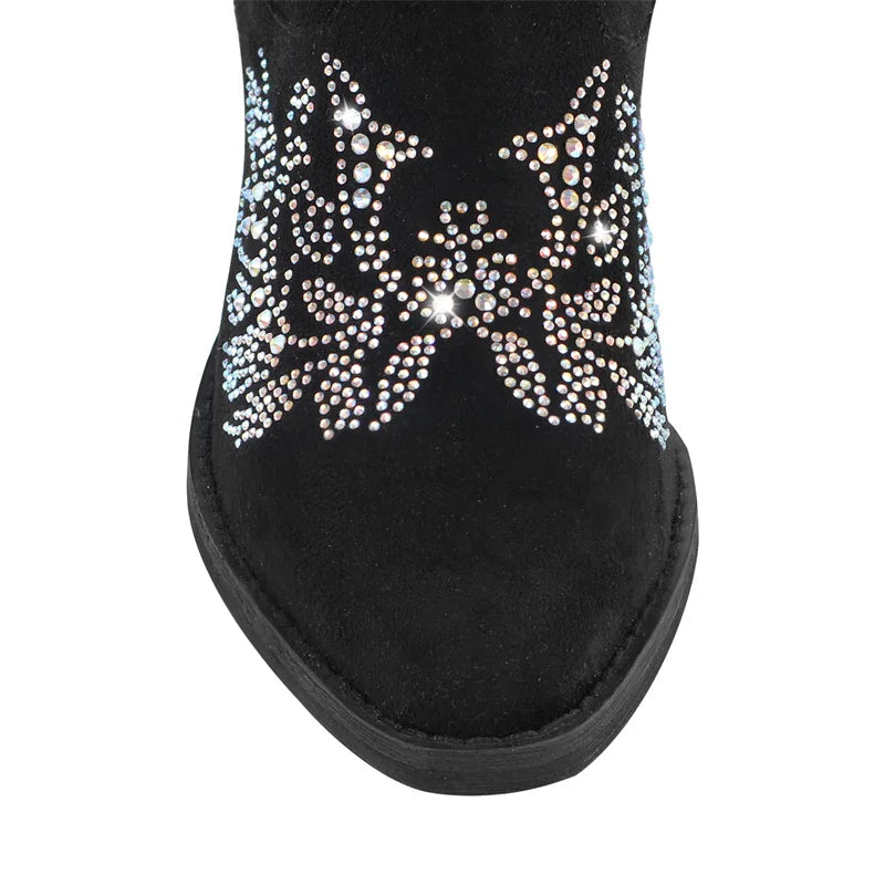 Flock Pointed Toe Rhinestone SLIP-ON Square Heel Boots