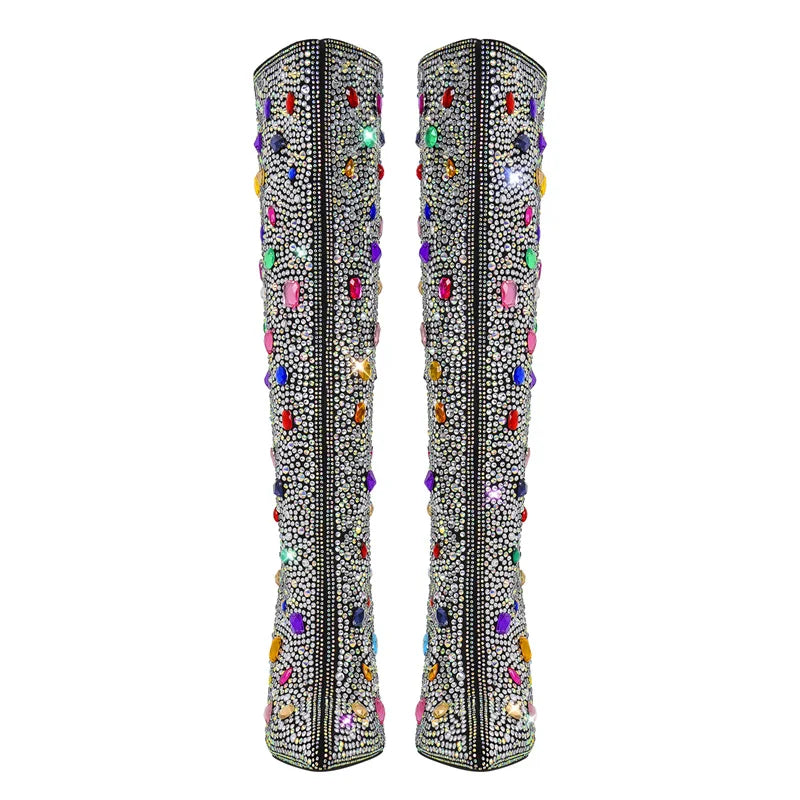 Pointed Toe Rhinestone Block Heel Knee High Boots