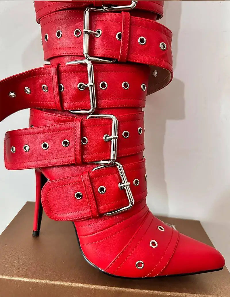 Multiple Buckle Strap Thin High Heel Zipper Side Pointed Toe Mid Boots