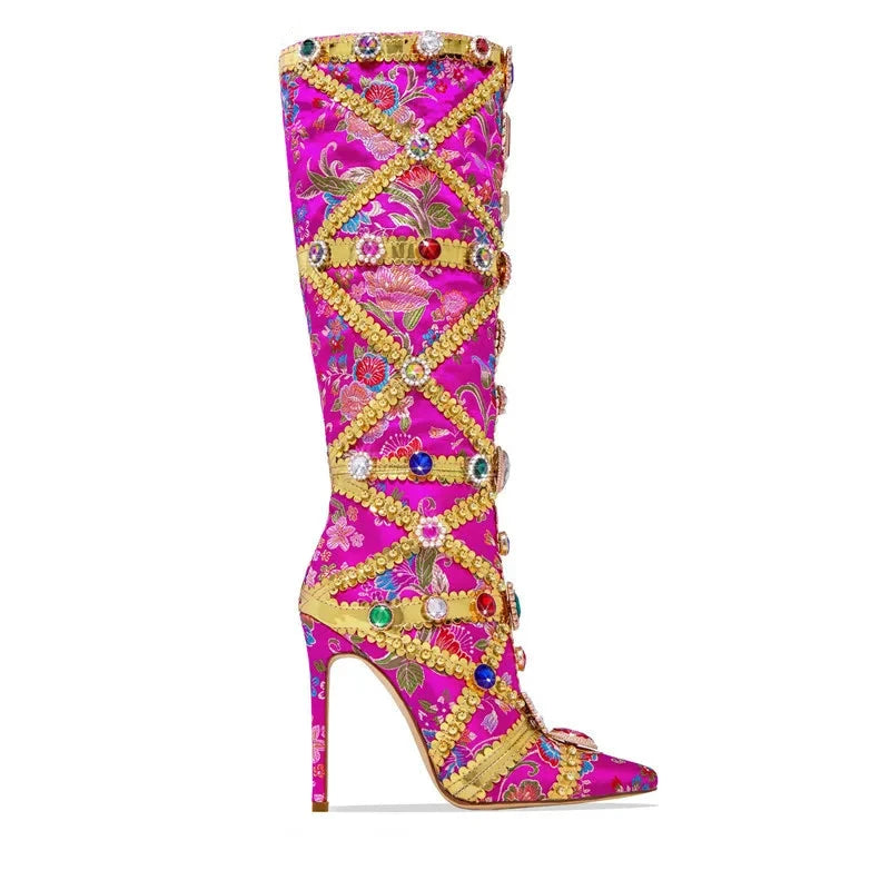 Diamond Embroidered Patchwork High Heel Knee High Boots