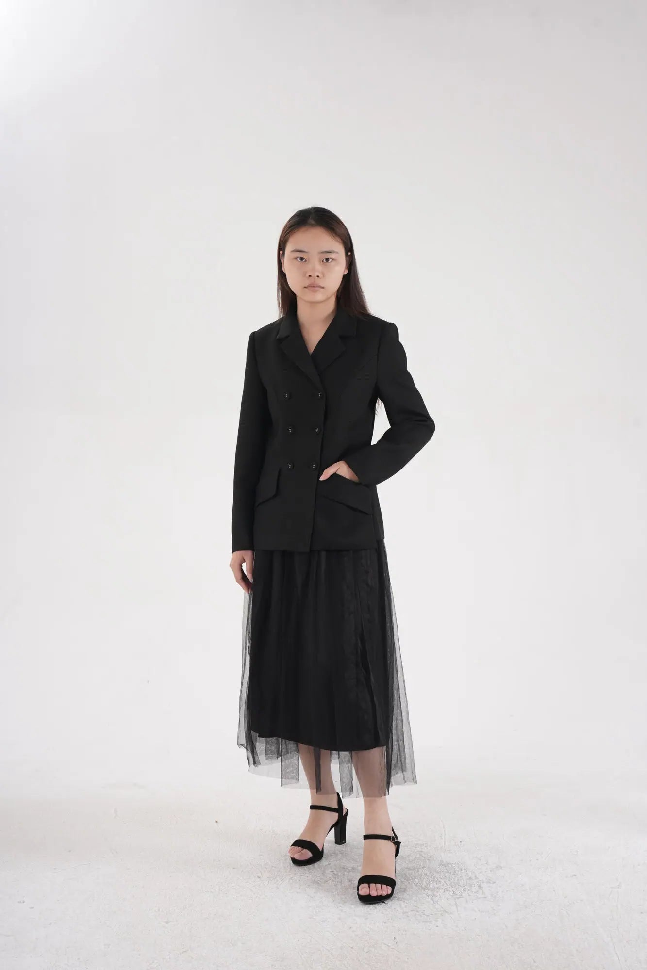 Lapel Tweed Long Sleeve Blazer Elastic Waist Mesh Mid-Calf Skirt Set