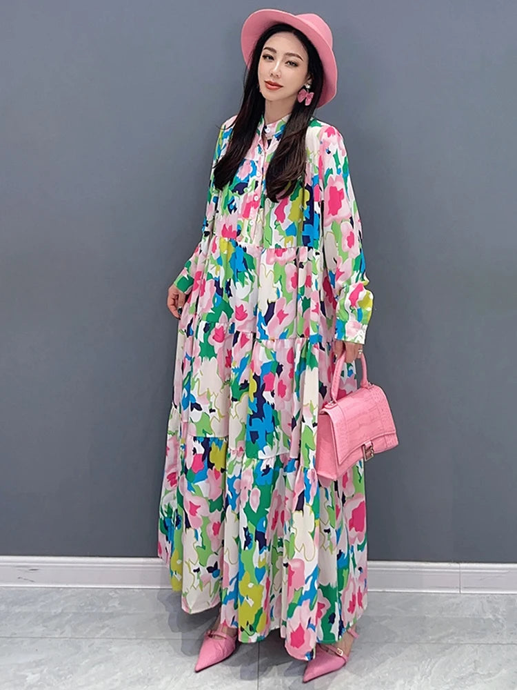 Stand Collar Full Sleeve A-line Chic Flower Printed Shirt Maxi Dress