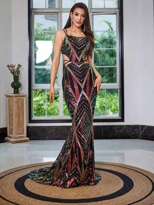 Spaghetti Strap Backless Germanic Patterned Sequin Maxi Formal Dress