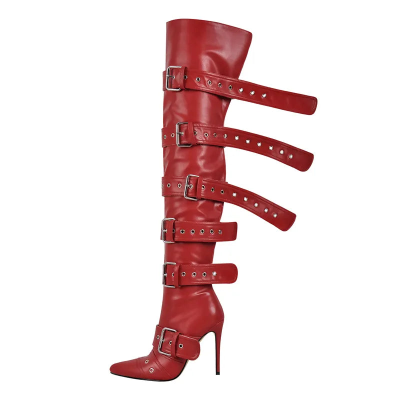 Pointed Toe Red Buckle Strap Thin High Heel Over The Knee Boots