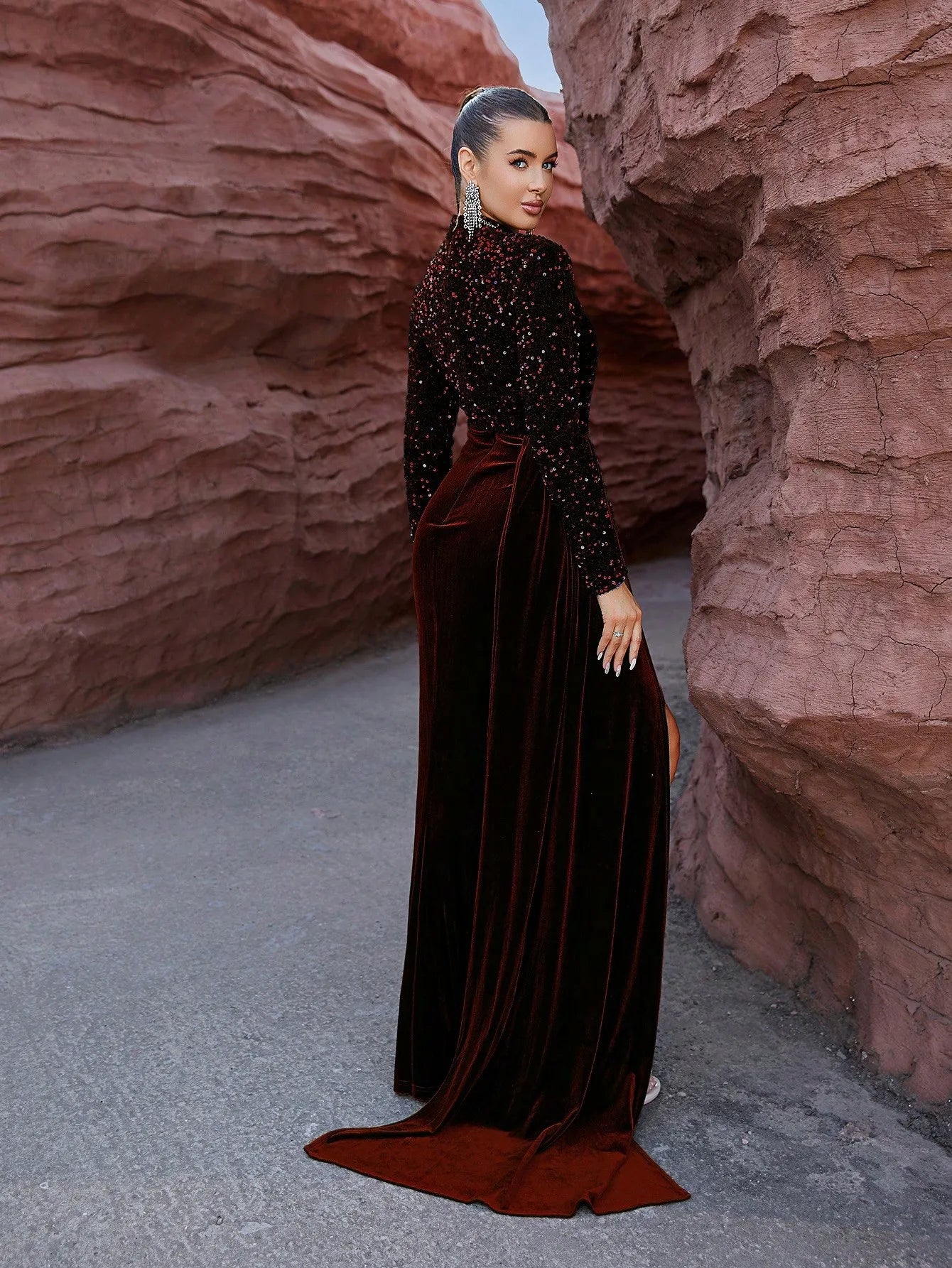 Long Sleeve A Line Glitter Sequin Velvet Patchwork Split Maxi Dress