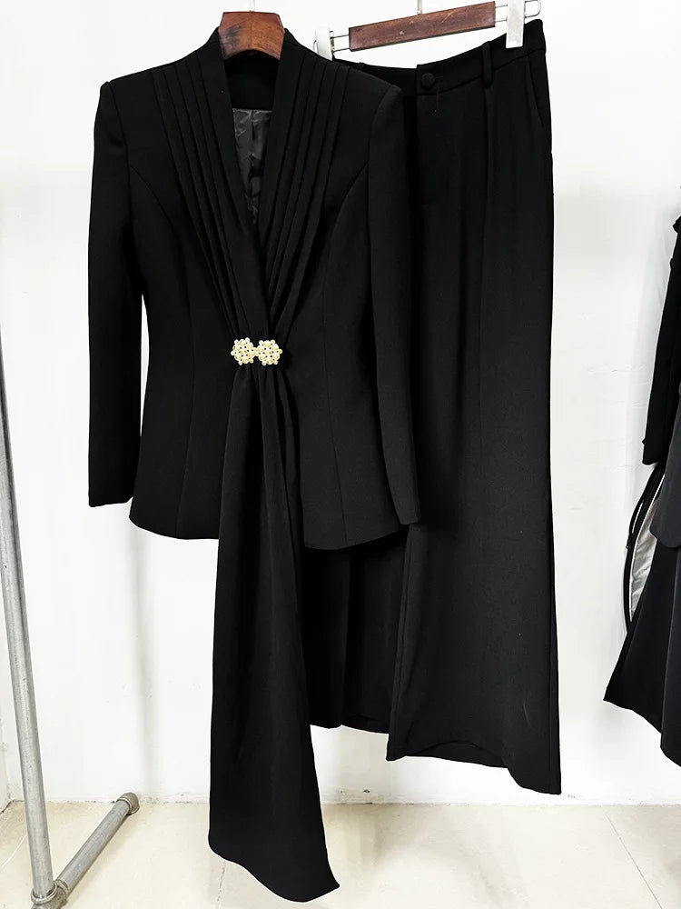 V-Neck Pleated Collar Long Sleeve Blazer Straight Wide Leg Trouser Set