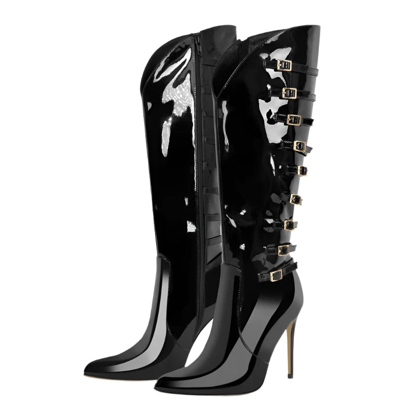 Pointed Toe Patent Leather Multi Buckle thin Hight Heel Knee High Boots