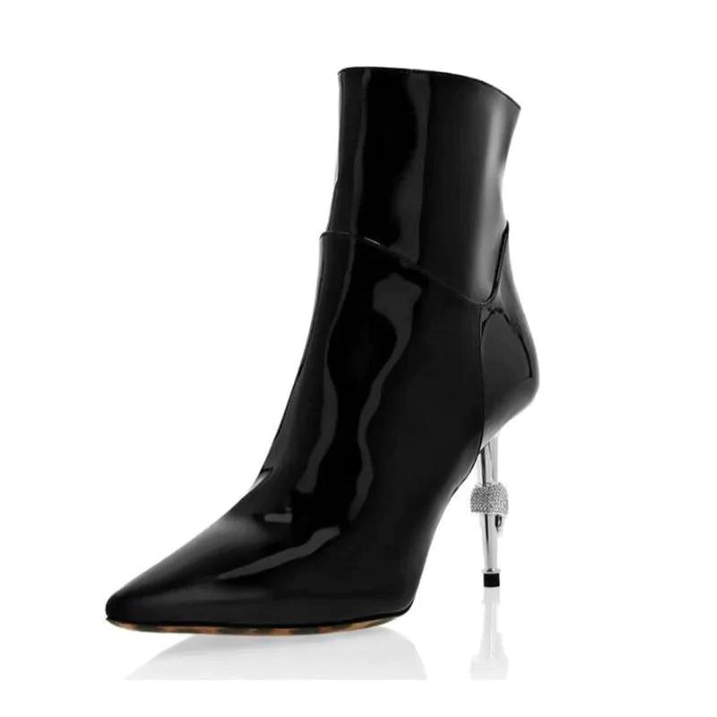 Pointed Toe Metal High Heels Slip On Flock Ankle Boots