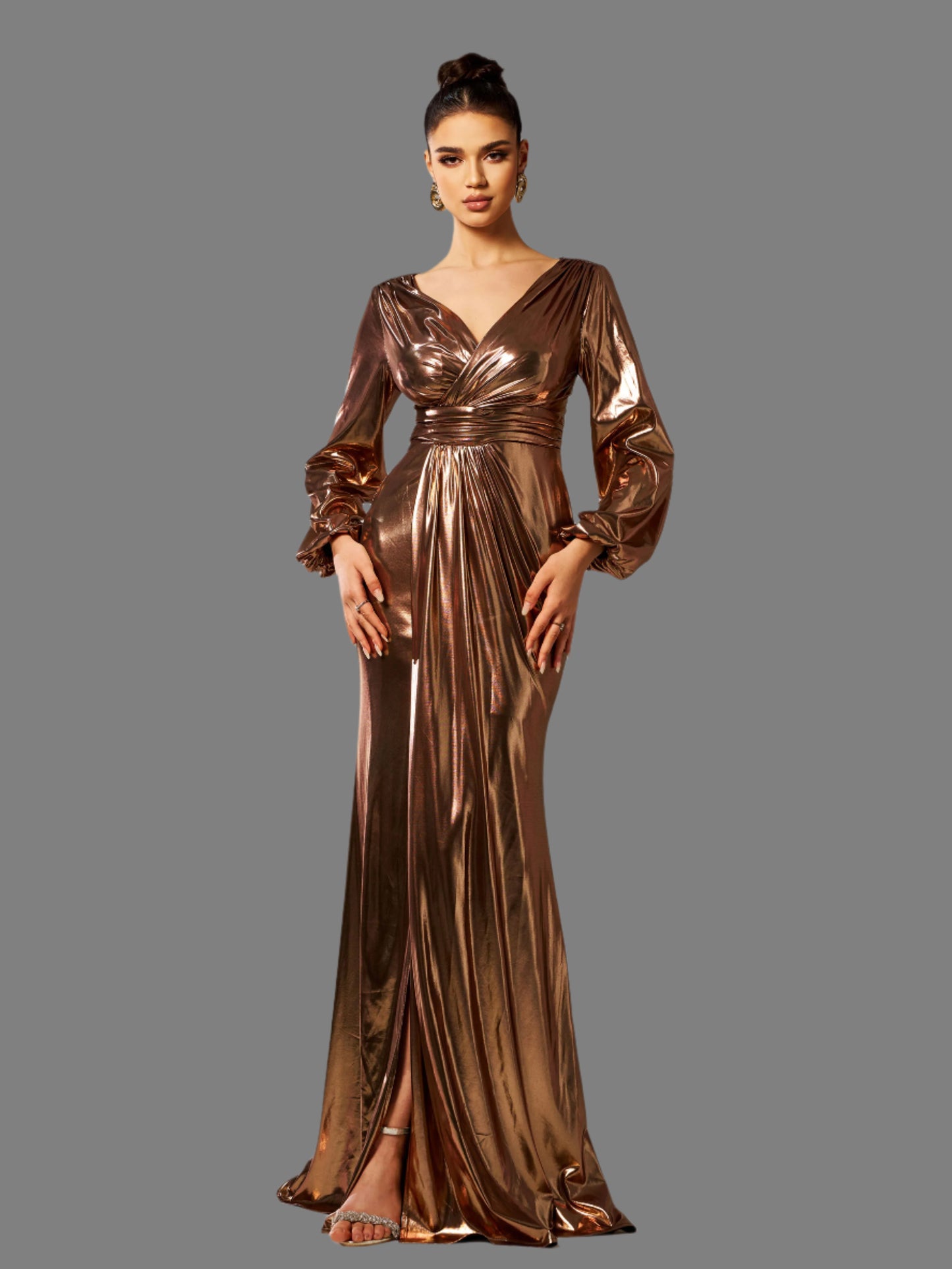 V Neck Lantern Sleeves Split Formal Prom Maxi Dress